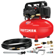 Photo of Craftsman air compressor CMEC6150K with red tank, black hose, and accessory kit on white background.