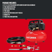Photo of Craftsman CMEC6150K air compressor kit with accessories, hose, inflator adaptors, and a bright red tank.