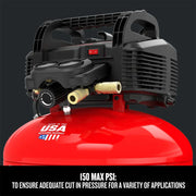 Craftsman red and black air compressor CMEC6150K, front angle, dome tank with pressure regulator and connectors.