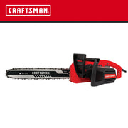 A CRAFTSMAN branded electric chainsaw with a 16-inch blade, featuring a red and black design, shown against a white background with the CRAFTSMAN logo at the top.