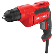 Photo of a Craftsman electric drill, SKU CMED731, red and black, side angle on white background.