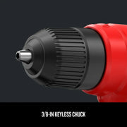 Close-up of Craftsman drill keyless chuck, black and red, showing detail, model CMED731.