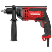 Photo of a Craftsman CMED741 corded electric hammer drill with red and black design, side view on white background.