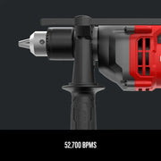 Craftsman hammer drill CMED741 side view, red and black, showing handle and chuck, 52,700 BPMS graphic.