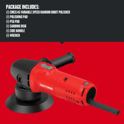 Photo of Craftsman CMEE145 variable speed random orbit polisher, red and black, with side handle, angled view.