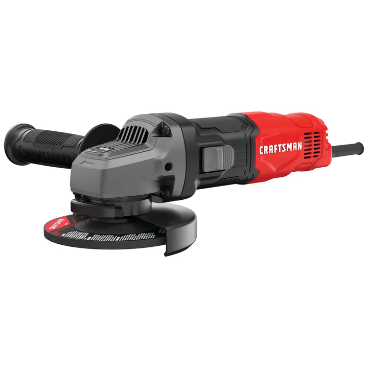 Photo of Craftsman CMEG100 angle grinder, red and black, side view, power tool with side handle and disc.
