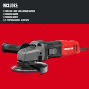 Craftsman CMEG100 small angle grinder with red and black body, side handle, and grinding wheel, front angle.