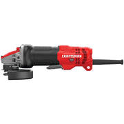 Photo of Craftsman CMEG200 corded angle grinder, red and black body, right side view on white background.