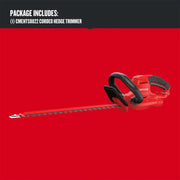 Craftsman CMEHTS8022 corded hedge trimmer, red and black, front angle, against solid red background.