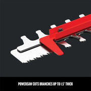 Craftsman hedge trimmer blade detail, red and silver, side angle, CMEHTS8022.