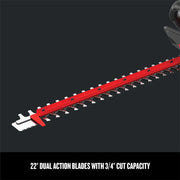 Craftsman hedge trimmer blade, red and silver, side angle, CMEHTS8022, showing 22 inch dual action blades.
