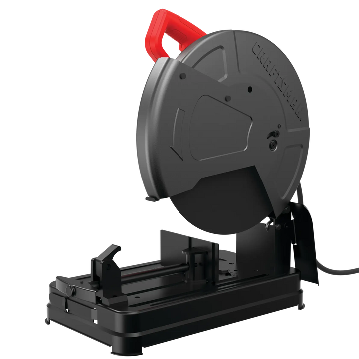 Photo of CRAFTSMAN metal cutting saw, SKU CMEM2500, with black base and red handle, angled on white background.
