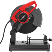 Photo of Craftsman CMEM2500 chop saw with red handle, black blade, and gray base, side angle on white background.