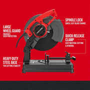 Photo of CRAFTSMAN CMEM2500 chop saw, side angle on white background, showing red and black body with labeled features.