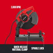 Photo of CRAFTSMAN CMEM2500 metal chop saw, side angle, showing quick-release material clamp, spindle lock, and 3,800 RPM.