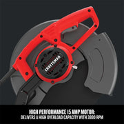 Photo of CRAFTSMAN CMEM2500 cut-off saw, red and black, side angle, highlighting motor and blade guard.