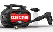Front angle photo of CRAFTSMAN CMEPW1700 pressure washer, black with red panel, spray gun and soap bottle.