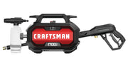 Front angle photo of Craftsman CMEPW1700 electric pressure washer, red and black design, with attached spray gun and soap bottle.