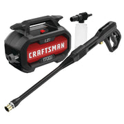 Photo of CRAFTSMAN CMEPW1700 electric pressure washer with gun, spray wand, and detergent bottle, front angle.