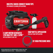 Photo of Craftsman CMEPW1700 pressure washer kit with black and red main unit, spray gun, soap bottle applicator, and 20' high pressure hose.
