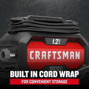 Photo of Craftsman CMEPW1800 pressure washer front with built-in cord wrap feature and 1.2 GPM label.