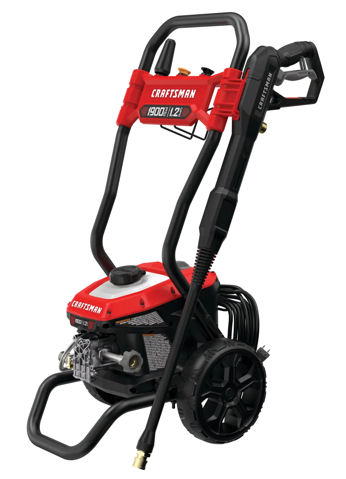 Photo of Craftsman pressure washer CMEPW1900, black and red, upright design with wheels, shown at angle on white background.