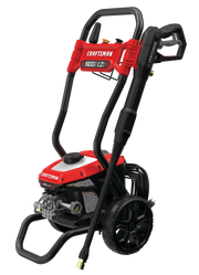 Photo of Craftsman pressure washer CMEPW1900, black and red, upright design with wheels, shown at angle on white background.