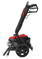 Side view photo of CRAFTSMAN electric pressure washer CMEPW1900, black and red, large wheels, handle, and hose.
