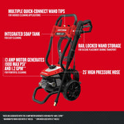 Photo of Craftsman pressure washer CMEPW1900 front angle, showing integrated soap tank, quick-connect wand tips, 25' high pressure hose, and rail locked wand storage.