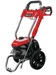 Front angle photo of Craftsman pressure washer CMEPW2100 with red body, black wheels, and attached spray wand.