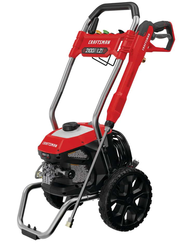 Front angle photo of Craftsman pressure washer CMEPW2100 with red body, black wheels, and attached spray wand.