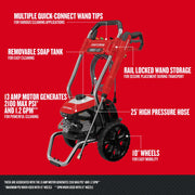 Front angle photo of CRAFTSMAN pressure washer CMEPW2100 with 10” wheels and 25’ hose, removable soap tank.