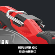 Close-up of Craftsman CMES510 circular saw showing metal rafter hook feature, partial side angle.