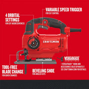 Photo of Craftsman jigsaw CMES610 with labeled features, red and black body, side angle view, graphics background.