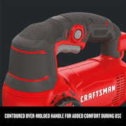 Photo of Craftsman jigsaw CMES610 showing contoured over-molded handle with black grip for added comfort, close-up angle.