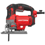 Photo of Craftsman jigsaw CMES612, red and black power tool, side angle on white background.