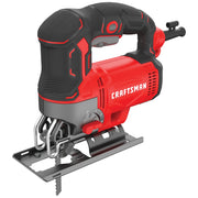 Photo of CRAFTSMAN jigsaw CMES612 in red and black, side angle, with ergonomic handle and metal base.