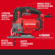 Photo of Craftsman jigsaw CMES612 with red and black body, side angle, key features highlighted.