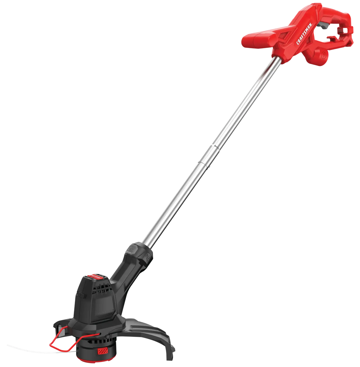 Photo of CRAFTSMAN electric string trimmer, SKU CMEST900, red and black, side angle, showing handle and cutting head.