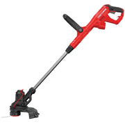 Photo of Craftsman string trimmer CMEST913, red and black, side angle, with straight shaft and adjustable handle.