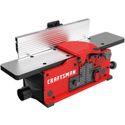 Photo of Craftsman jointer CMEW020, red and black, angled on white background with metal worktable.