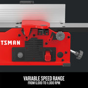 Craftsman graphics CMEW020, close-up of red and black machine with variable speed range controls, front angle.