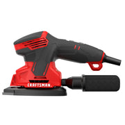 Photo of CRAFTSMAN CMEW210 sheet sander, red and black, with dust collection bag, side angle on white background.