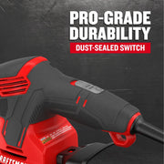 Photo of CRAFTSMAN graphics for model CMEW210 showing a close-up of the dust-sealed switch and ergonomic black and red handle.