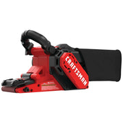 Photo of Craftsman CMEW213 red and black belt sander, side angle, with dust bag attached.
