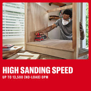 Person uses a CRAFTSMAN sander on wood furniture. Text highlights high sanding speed up to 13,500 OPM.