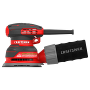 Photo of Craftsman CMEW231 random orbit sander, red and black power tool with dust collection bag, side view.