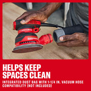 Front angle photo of Craftsman random orbit sander, SKU CMEW231, with dust bag attached, black and red design.