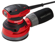 Craftsman CMEW231 red and black random orbital sander with dust collection, side angle photo.