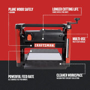 Front angle photo of Craftsman wood planer CMEW320, red and black, showing features on graphic background.